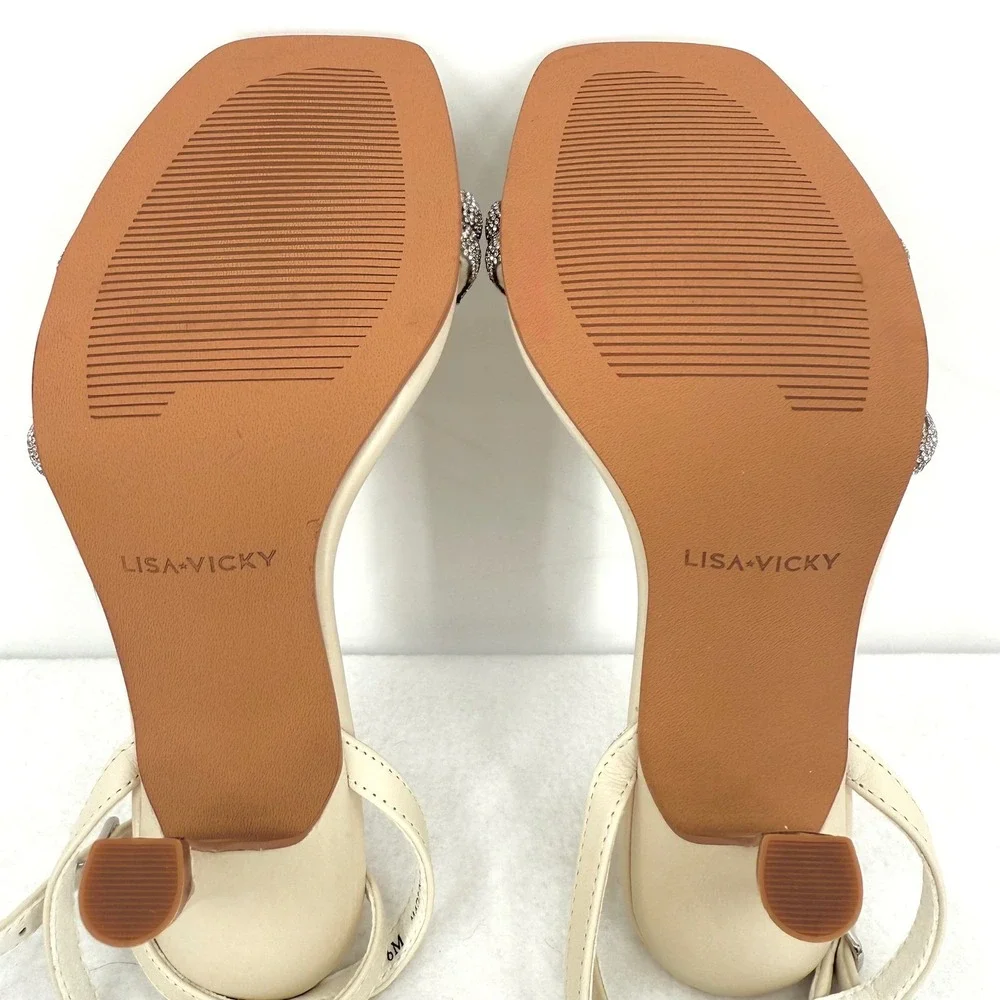 Lisa Vicky Gem V Women's Cream Square Toe Rhinestone Strap Heels Size 6M NWOB